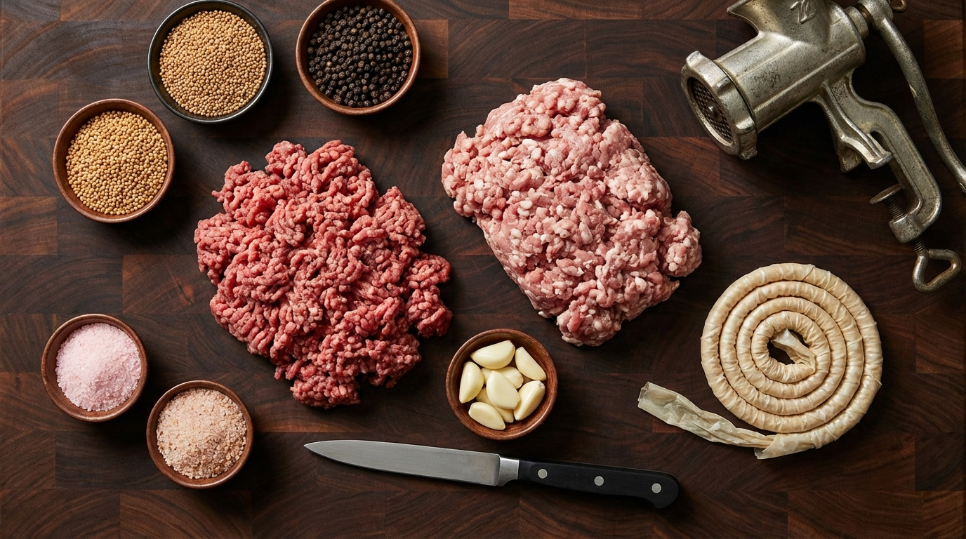 Summer sausage ingredients laid out on dark butcher block including ground meat, mustard seeds, peppercorns, and curing salt