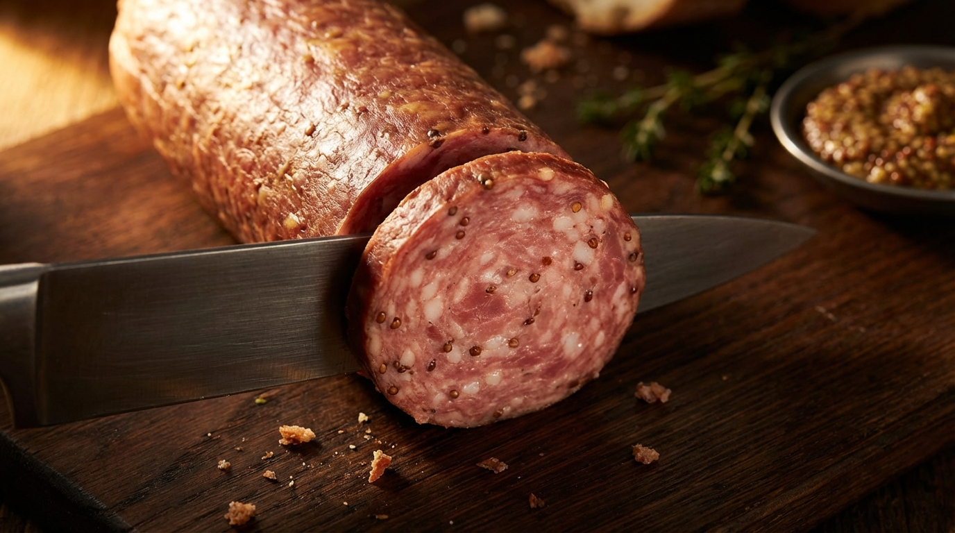 Summer sausage cross-section showing pink interior with white fat specks and visible mustard seeds
