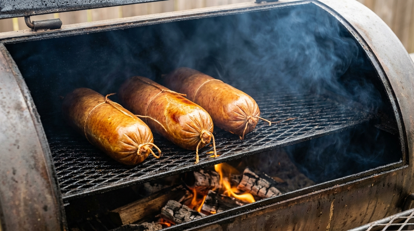Summer sausage logs smoking inside a smoker with golden-brown casings and wisps of hickory smoke
