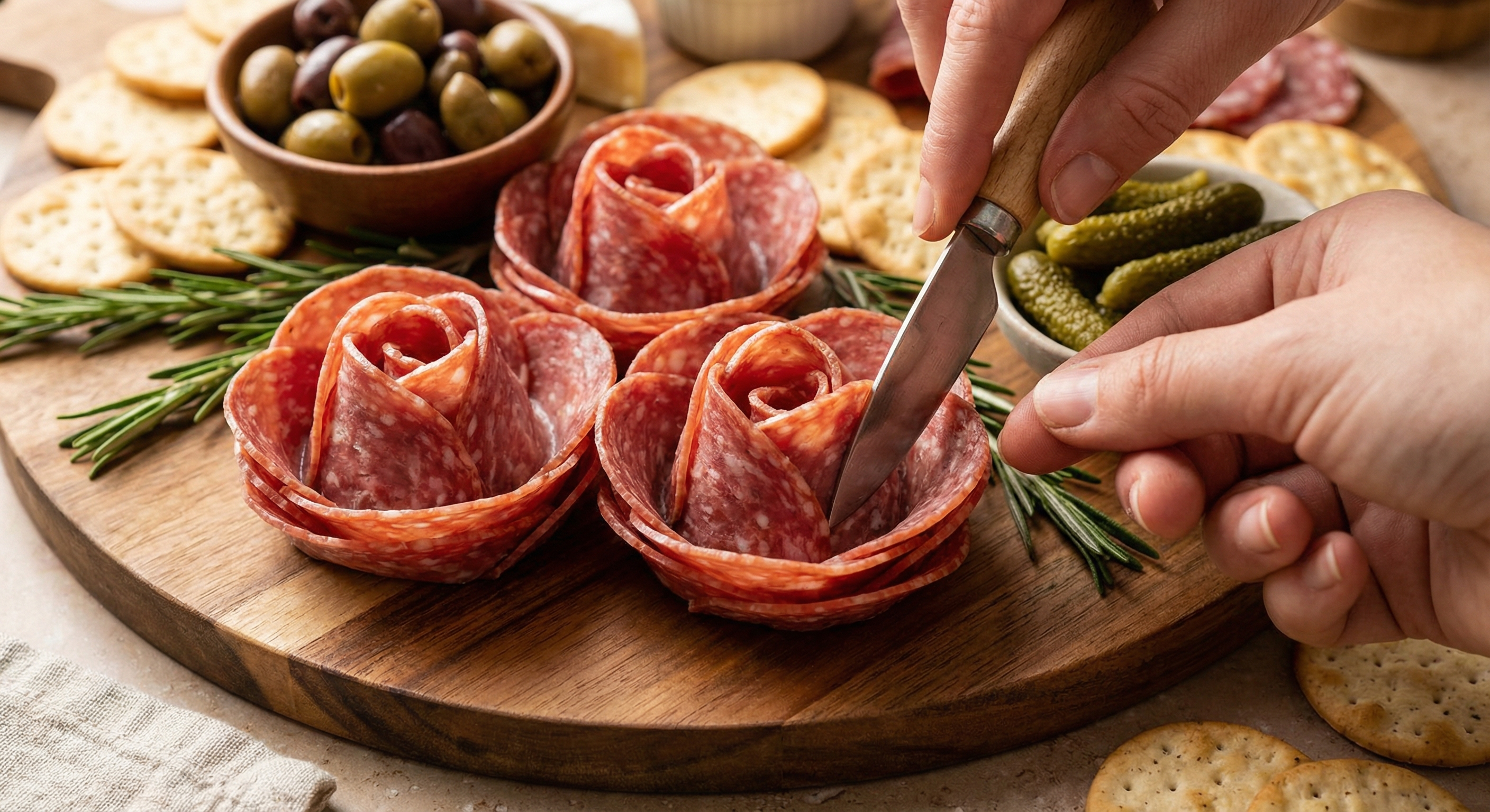 Salami roses arrangement technique on a charcuterie board