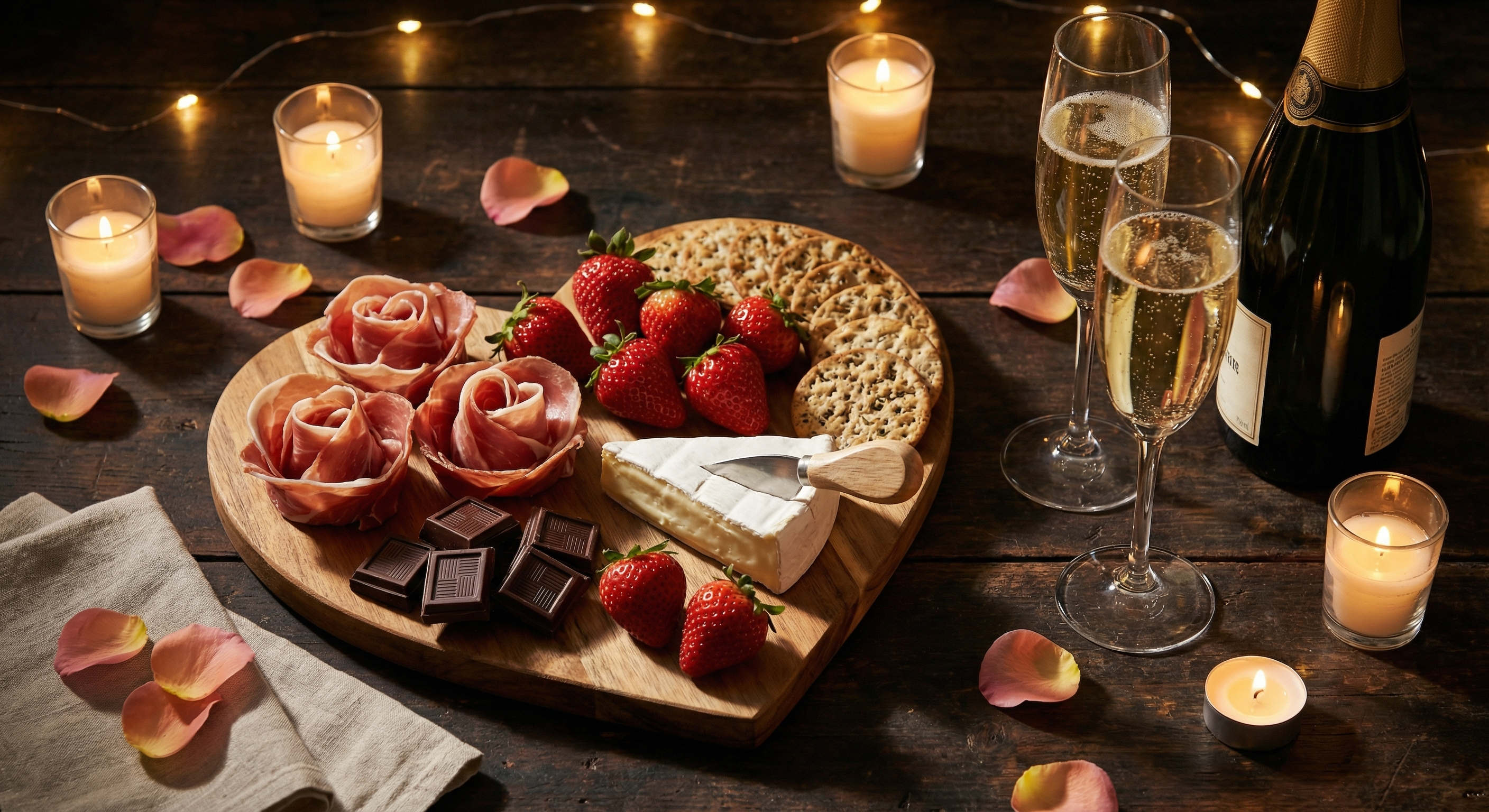 Valentine's Day charcuterie board for two with prosciutto roses and chocolate